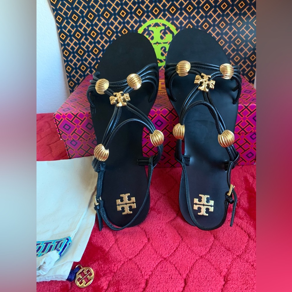 Tory Burch Capri Beaded Strappy Sandal- s.9 Perfect Black/Gold